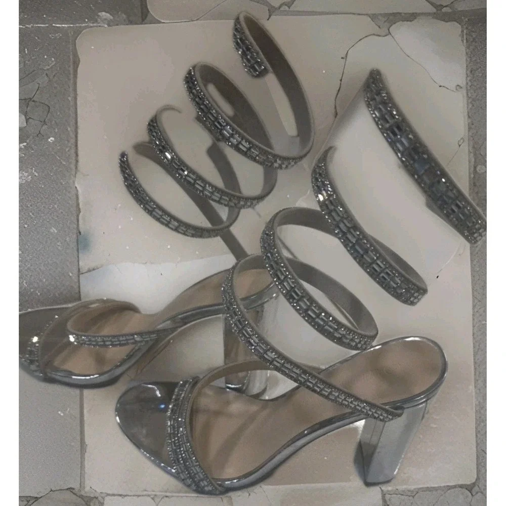 WILD DIVA Lounge Silver Rhinestone Strappy Ankle Strap Women' Sandals Size 6 1/2